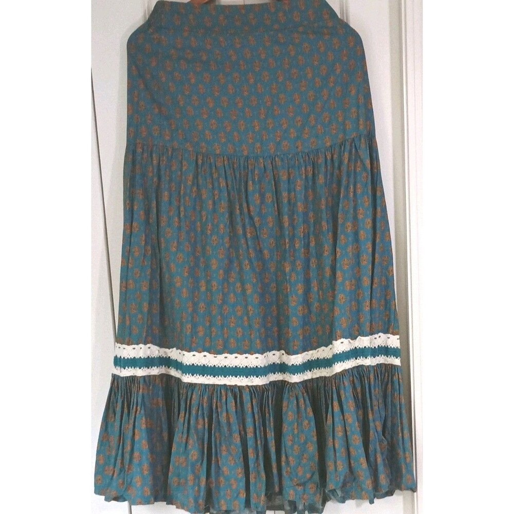 Luna Moon Blue Brown Floral Cotton Boho Long Skirt Lace Tiered Elastic Waist M